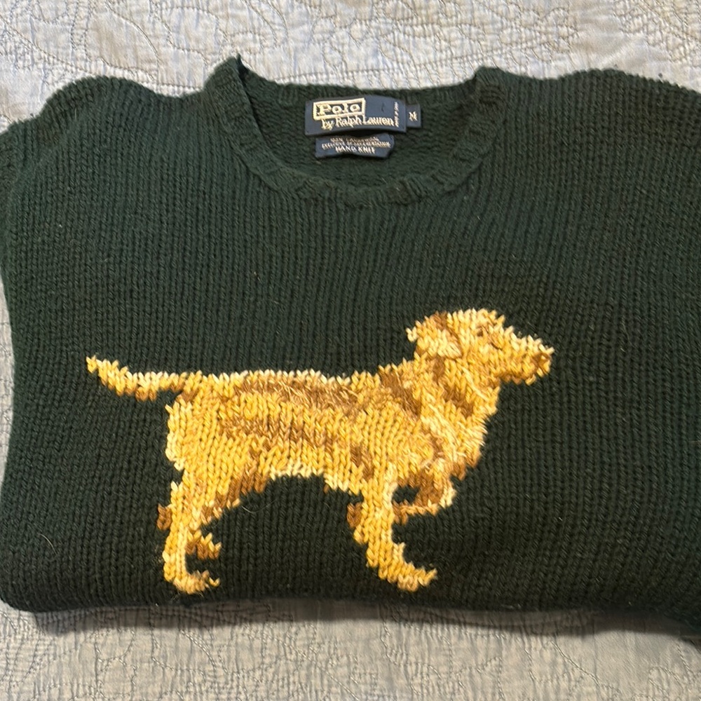 Polo by Ralph Lauren Men's Green Sweater with Yellow Dog Design